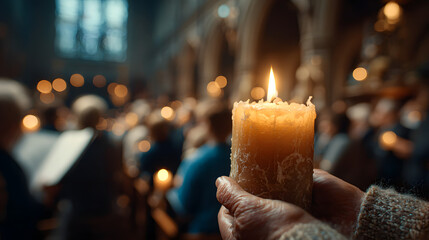 Close-up of lit candle with blurred choir singing in background. Atmospheric candlelight at Christmas church service. Spiritual concept of faith and hope