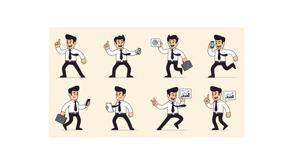 Naklejka premium Set of eight diverse cartoon businessman illustrations in various dynamic poses holding gadgets and documents, showcasing business actions and concepts