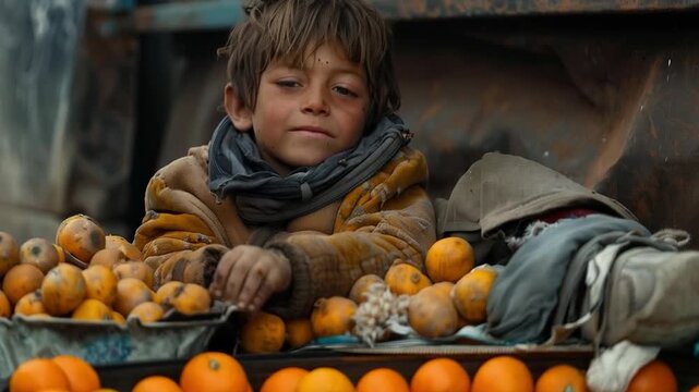 A child with sad eyes among wilted fruit at the market illustrates social inequality and child poverty, which will serve as a powerful backdrop for charity campaigns.
