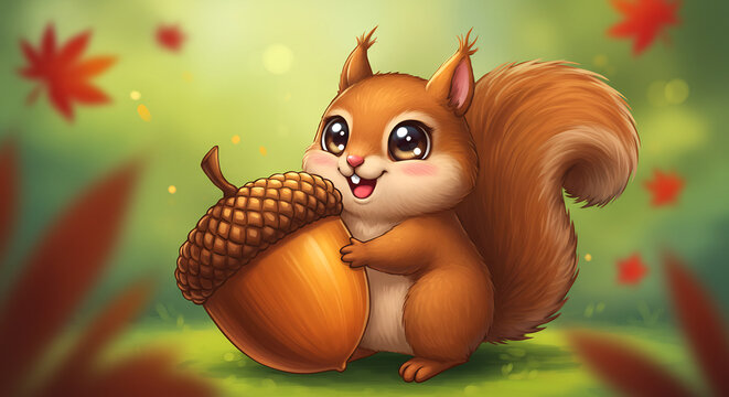 Adorable �cureuil anim� souriant tient joyeusement un gros gland dans une for�t automnale color�e. AI Generated
