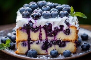 Blueberry cake slice featuring whipped cream, berry filling, and fresh mint on a plate