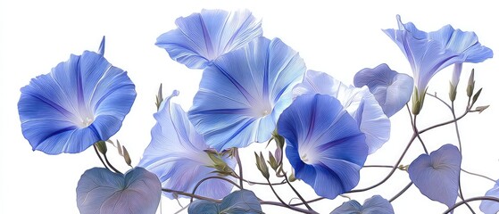 Beautiful blue morning glories on white background