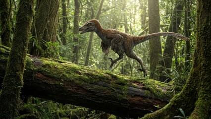 Obraz premium Feathered raptor dinosaur is running across a moss-covered fallen log in a dense, sunlit prehistoric jungle, depicting ancient wildlife and extinction concept