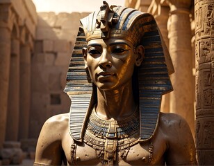 Bust of pharaoh, detailed, gold and blue headdress, ancient temple backdrop