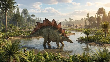 Obraz premium Stegosaurus dinosaur wading through a shallow river in a lush, ancient landscape with palm trees and conifers, other herbivorous dinosaurs grazing in the background under a cloudy sky
