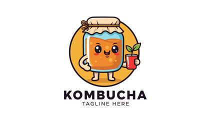 Cute Kombucha Jar Mascot Logo with Smiling Character and Tea Cup