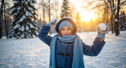 Happy little girl playing with snowballs in a snowy park. Smiling child wearing blue coat and hat having fun outdoors during golden hour. Winter vacation concept