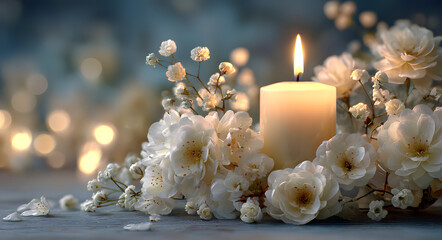 Funeral card template with burning candle and white flowers, condolence background with copy space for obituary text, memorial service announcement with floral arrangement.