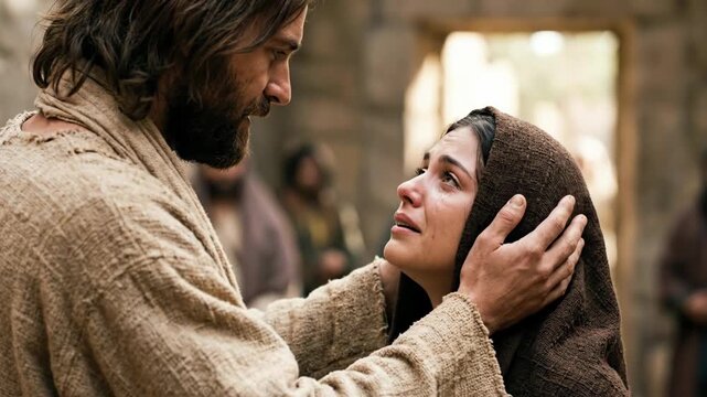 Compassionate Jesus Christ holding face of crying woman looking into her eyes representing forgiveness and divine mercy during biblical times for religious faith inspiration and hope