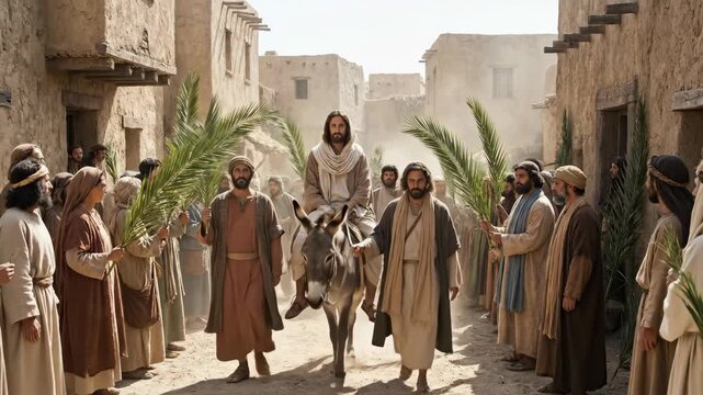 Triumphant Jesus Christ riding donkey into Jerusalem surrounded by happy crowd waving palm branches representing palm sunday and holy week entry for christian easter holiday celebration