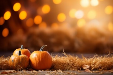 Three pumpkins sitting on dry hay with blurring warm lights in the background