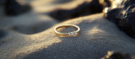 Gold ring with diamonds on sandy beach