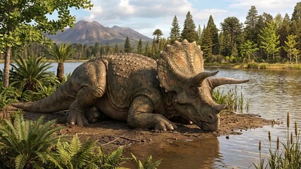 Obraz premium Triceratops dinosaur enjoying a refreshing drink from a lake, surrounded by lush primeval vegetation and distant mountains under a cloudy sky, depicting ancient wildlife with cgi