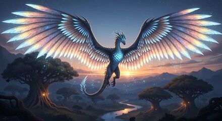 Majestic dragon with illuminated wings soaring at sunset sky illustration