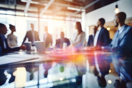 Business professionals engaging in a corporate meeting, highlighting teamwork and digital communication - Powered by Adobe