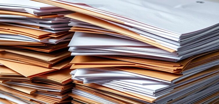 Stack of crisp white papers and brown envelopes ready for mailing, simple, correspondence