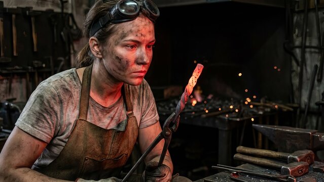 Woman blacksmith wearing safety glasses and dirty apron holding a pair of tongs with a red hot twisted iron bar against a dark workshop background with sparks flying - Powered by Adobe