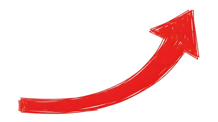 Hand-Drawn Red Curved Arrow, Bright Red Marker-Style Arrow Illustration, Thick Shaky Digital Arrow on Transparent Background, Upward Curving Concave Red Arrow, Horizontal to Top-Right Red Arrow Design