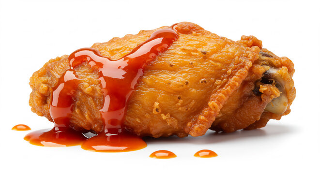 Aile de poulet frit croustillante g�n�reusement arros�e de sauce piquante rouge vif isol�e sur fond blanc lumineux. AI Generated