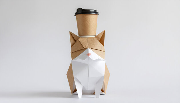 Minimal paper-crafted cat figure balancing a takeaway coffee cup. Clean studio background with a modern, playful, and conceptual design approach. - Powered by Adobe