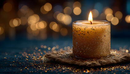 Church advent candle light surrounded by soft golden bokeh for spiritual reflection, peace of mind, Memorial Day observance