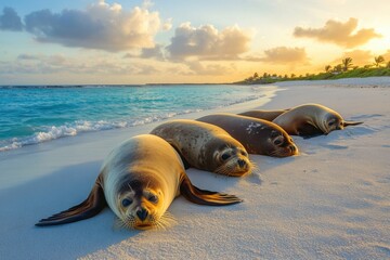 Seals relaxing on a tropical beach bahama shores nature photography serene environment golden hour wildlife conservation