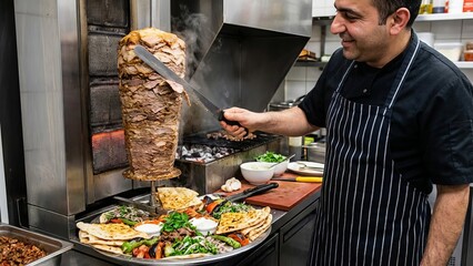Chef in a restaurant kitchen carving fresh doner kebab meat from a vertical rotisserie onto a platter filled with grilled vegetables. Pita bread. And sauces. Preparing a delicious middle eastern dish