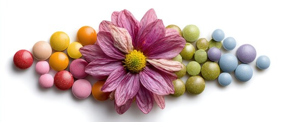 Vibrant colorful candy and pink flower arrangement on white background