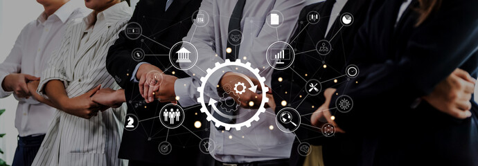 Diverse professionals stand together in a modern office, with gears and icons illustrating teamwork and innovation, representing a collaborative spirit in business. Trope