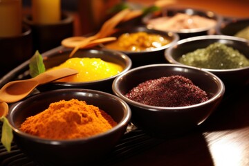 Bowls displaying various colorful dried spices and herbs for cooking