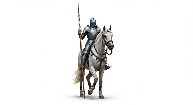 Chevalier m�di�val en armure brillante sur destrier blanc fier pose majestueuse lumi�re studio claire. AI Generated
