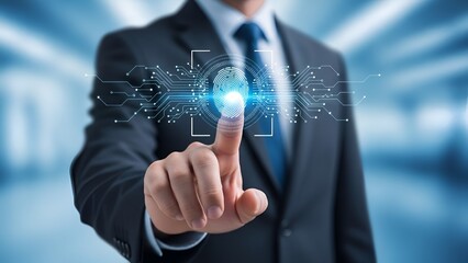 Businessman Activating Secure Digital Identity with Biometric Fingerprint Recognition Technology for Enhanced Cybersecurity