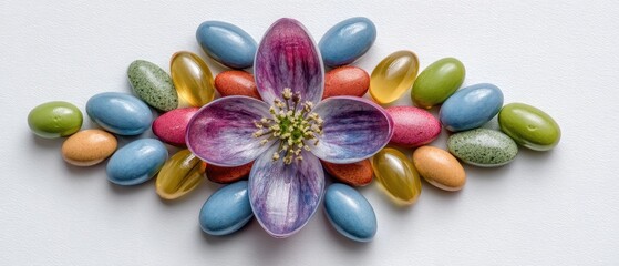 Vibrant jelly beans surround beautiful flower on white background