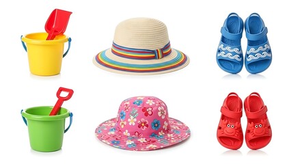 Beach essentials hat shoes pail and shovel set isolated