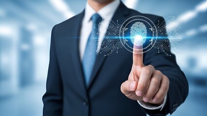 Businessman touching a digital fingerprint scanner for biometric security authentication