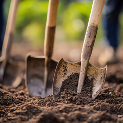 Digging for growth community gardening event urban park photography natural setting close-up view sustainability awareness