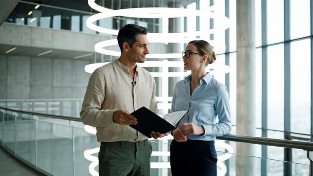 Two professionals, a man holding a folder and a woman wearing glasses, are engaged in a discussion inside a modern office with natural lighting and a neutral color palette.
