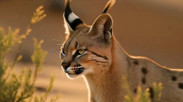 Ultra-realistic cinematic close-up of a caracal with sharp long ear tufts and golden desert backlighting, 4k.