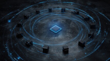 Cosmic Core: An abstract digital rendering showcases a central core element, embraced by a swirling vortex of energy and surrounded by geometric blocks.