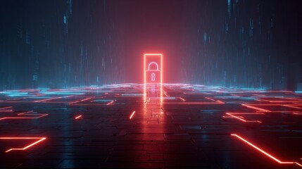 Cybersecurity Gateway: A futuristic depiction of data security, highlighting a glowing padlock gateway, symbolizing safe and protected access within a digital landscape.