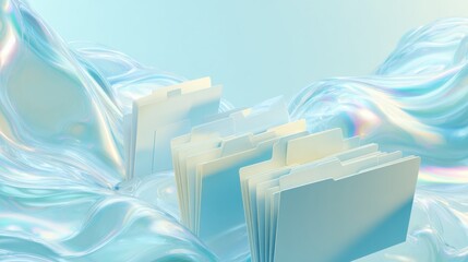 Abstract Document Filing: A collection of file folders, arranged amidst a translucent, flowing fabric, embodies the essence of organizational structure and data management.