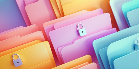 Data Security and Colorful Folder: A close-up shot revealing rows of vibrant files, each secured with a symbolic padlock. Reflecting the importance of privacy and safekeeping in the digital age.
