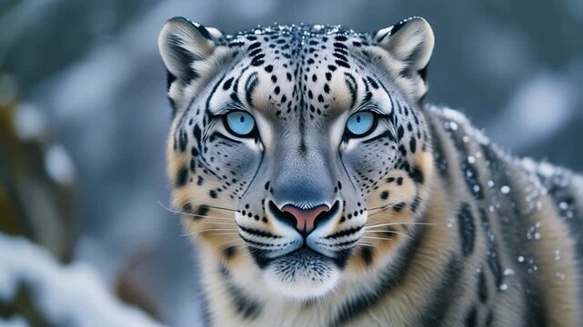 Cinematic macro shot of a wild snow leopard, capturing thick fur texture and alert gaze in a snowy mountain habitat, AI generated.