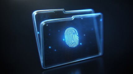 Digital Data Protection: A futuristic representation of digital security with a glowing fingerprint symbol embedded on transparent folder.