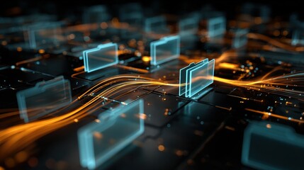 Digital Data Flow: Highlighting the intricate digital network of data processing, with illuminated folder icons representing information pathways and a complex data flow.