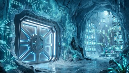 Futuristic ice cave habitat protecting plant seeds and genetic data for future generations, showcasing a digital archive with glowing circuit patterns and illuminated cryogenic storage