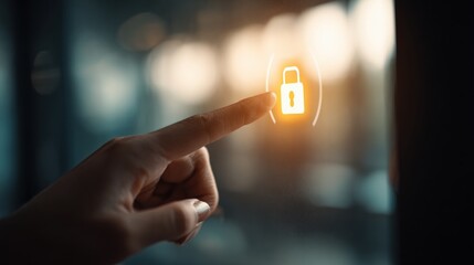 Digital Security at Your Fingertips: A close-up shot of a finger tapping a glowing padlock icon, symbolizing secure access and data protection, emphasizing the importance of digital safety.