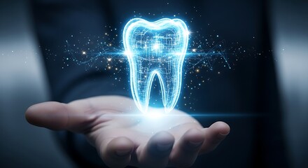 Dentistry Concept Showing a Glowing Digital Human Tooth Hologram Hovering Over a Hand