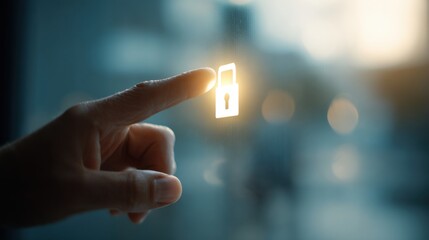 Cybersecurity Focus: A finger delicately interacts with a digital lock icon, symbolizing the critical importance of digital security.