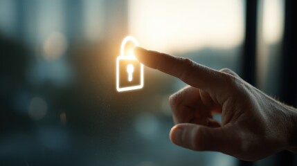 Digital Lock Activation: A close-up shot captures a fingertip delicately interacting with a glowing digital lock icon, symbolizing security and protection